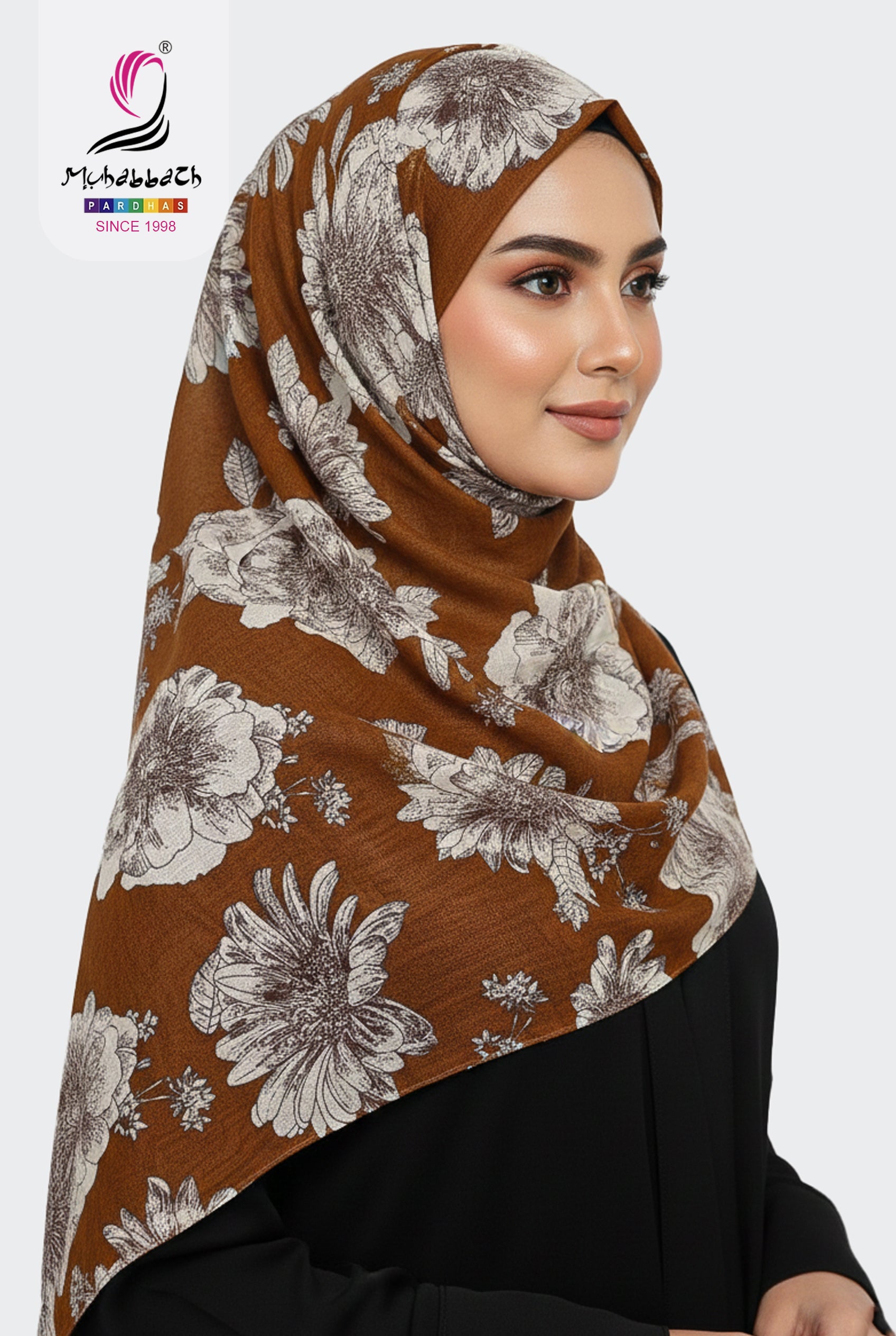 Muhabbath Floral Printed Cotton Shawl - Golden Brown