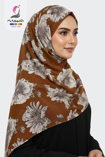 Muhabbath Floral Printed Cotton Shawl - Golden Brown