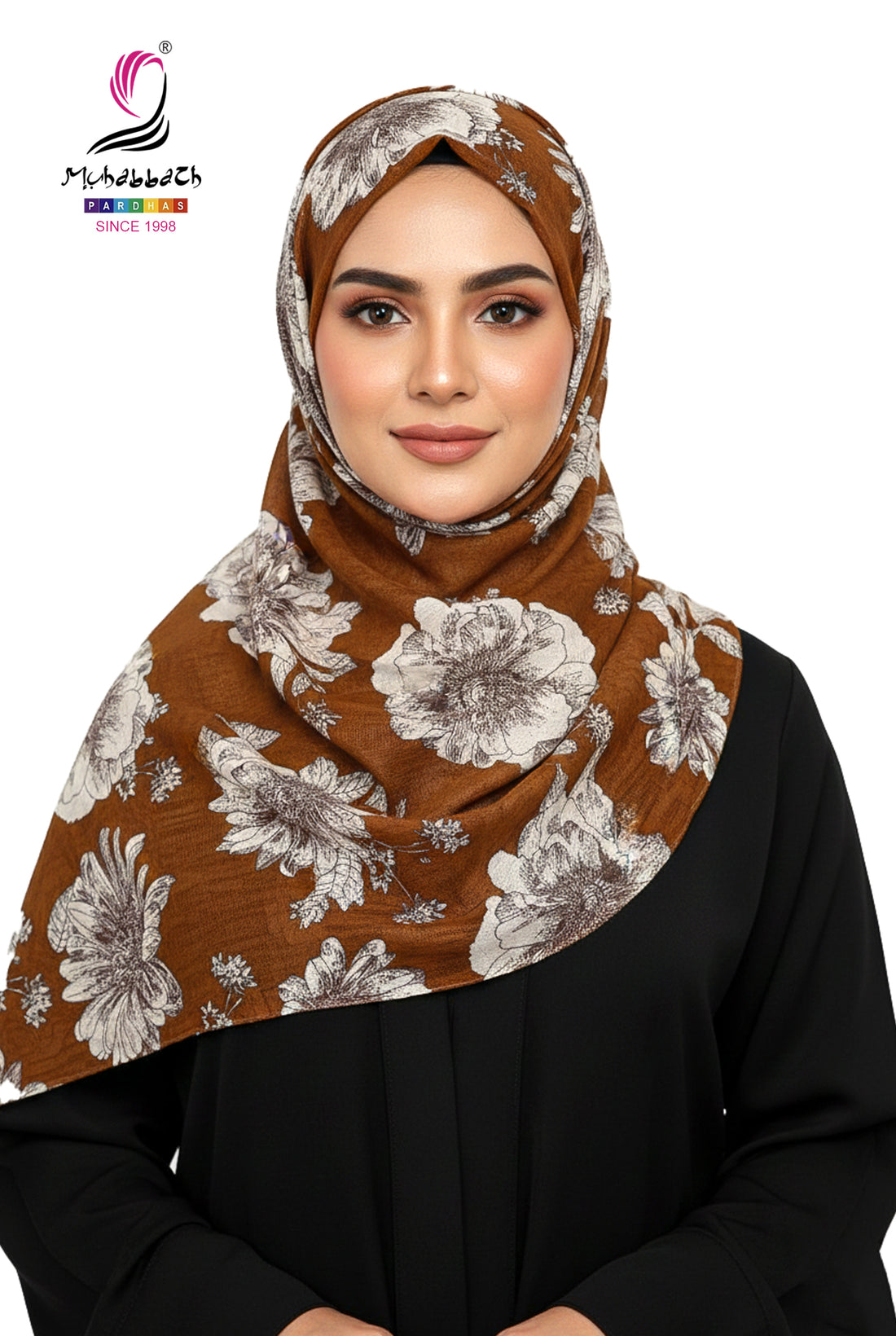 Muhabbath Floral Printed Cotton Shawl - Golden Brown