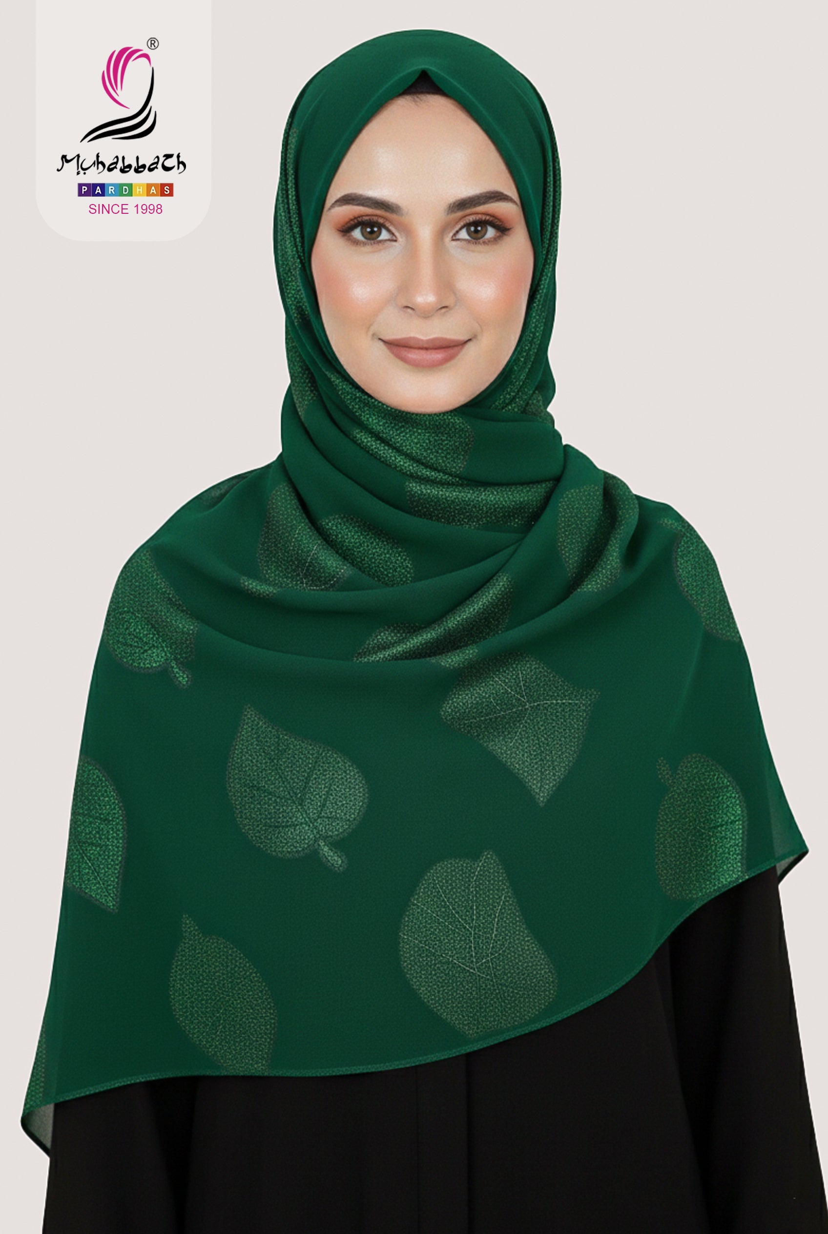 Muhabbath Fancy Leaf Printed Chiffon Shawl - Green