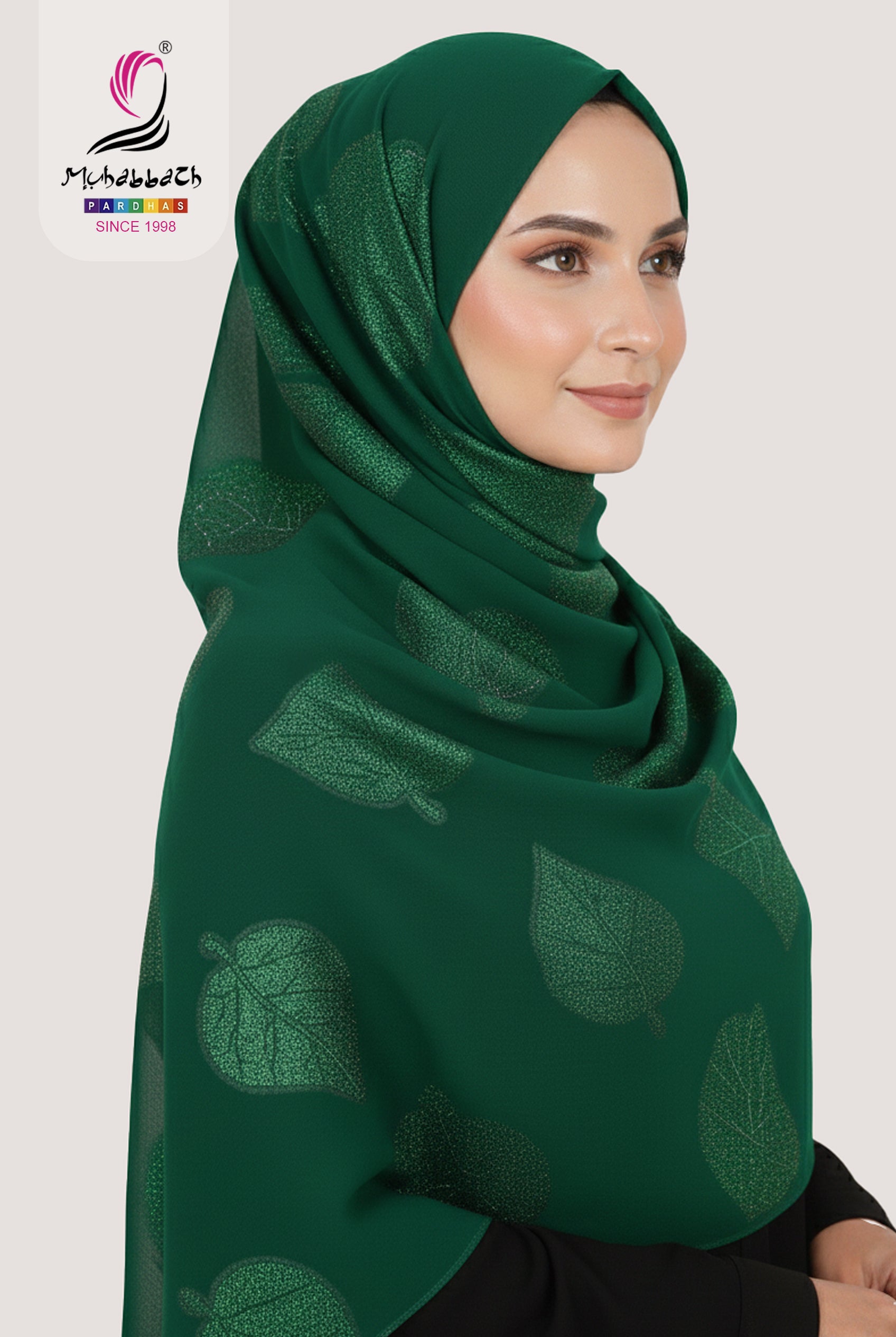 Muhabbath Fancy Leaf Printed Chiffon Shawl - Green