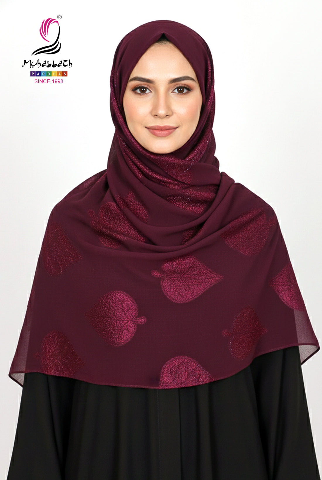 Muhabbath Fancy Leaf Printed Chiffon Shawl - Maroon