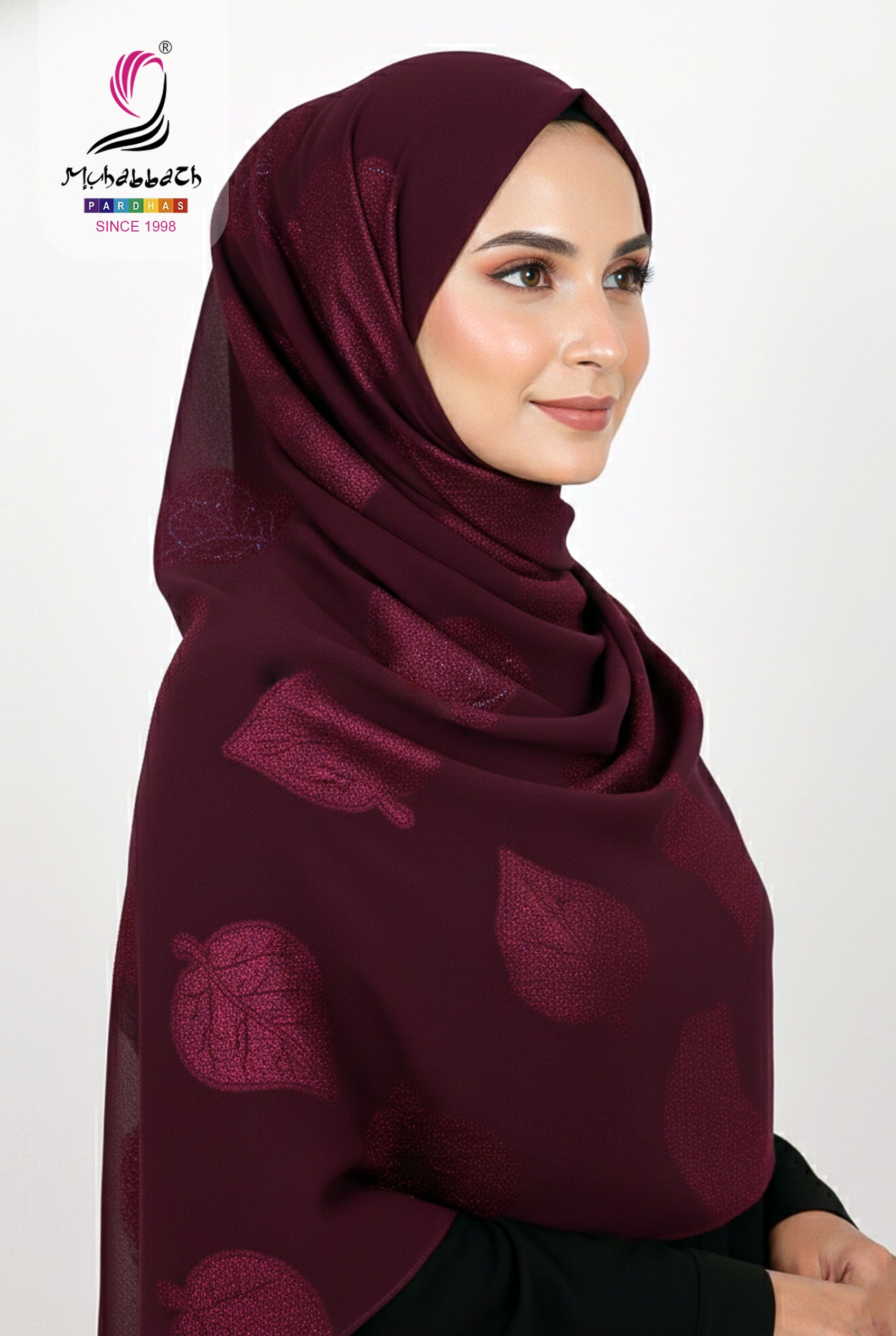 Muhabbath Fancy Leaf Printed Chiffon Shawl - Maroon