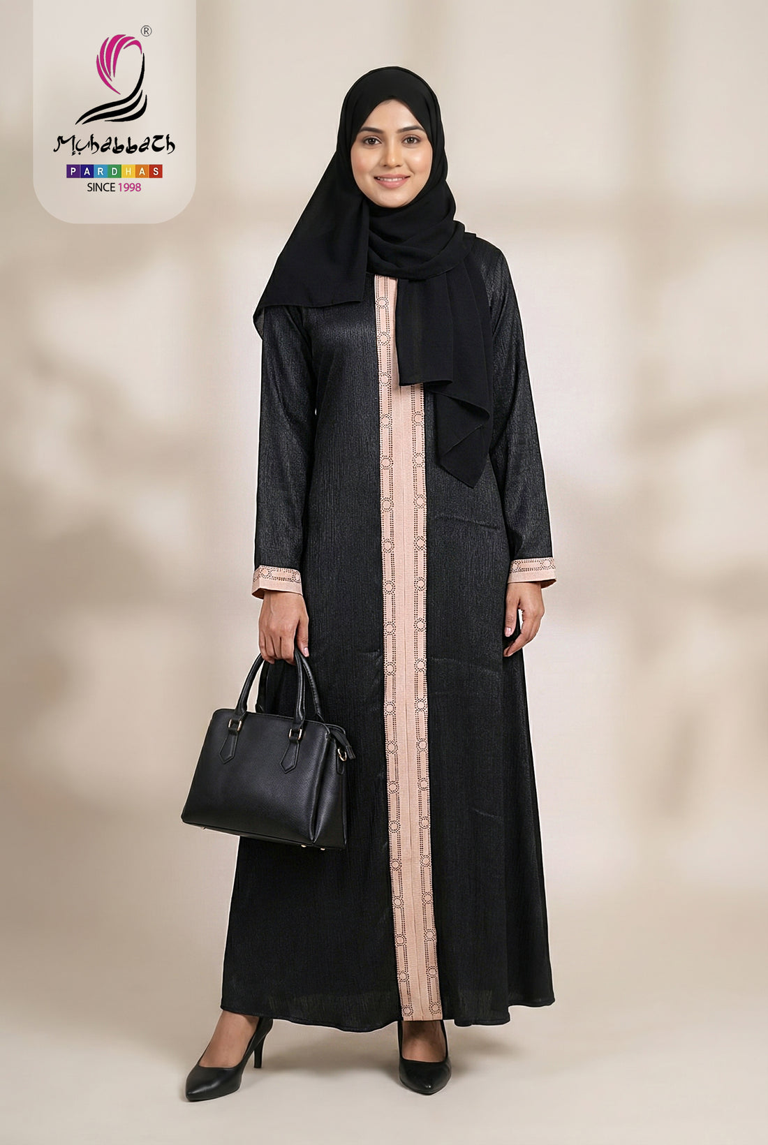 Zoom Glitter Panel Abaya – Black & Rose Gold