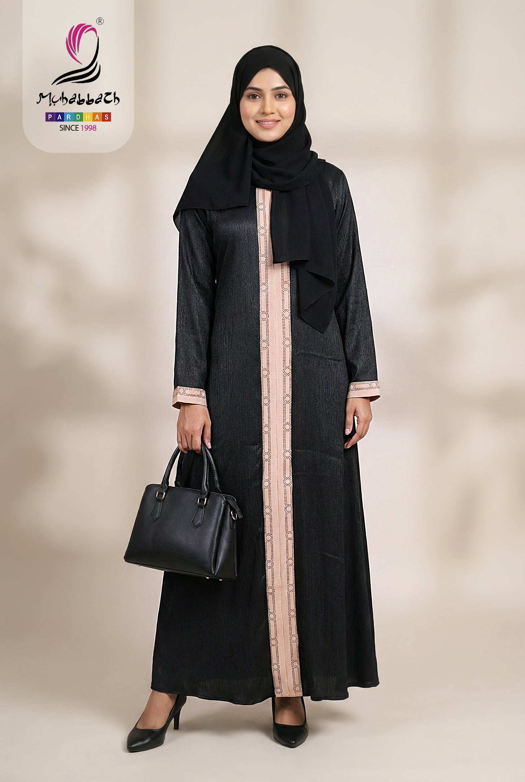 Zoom Glitter Panel Abaya – Black & Rose Gold