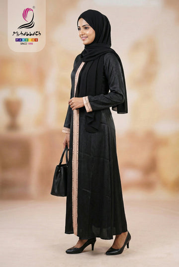 Zoom Glitter Panel Abaya – Black & Rose Gold