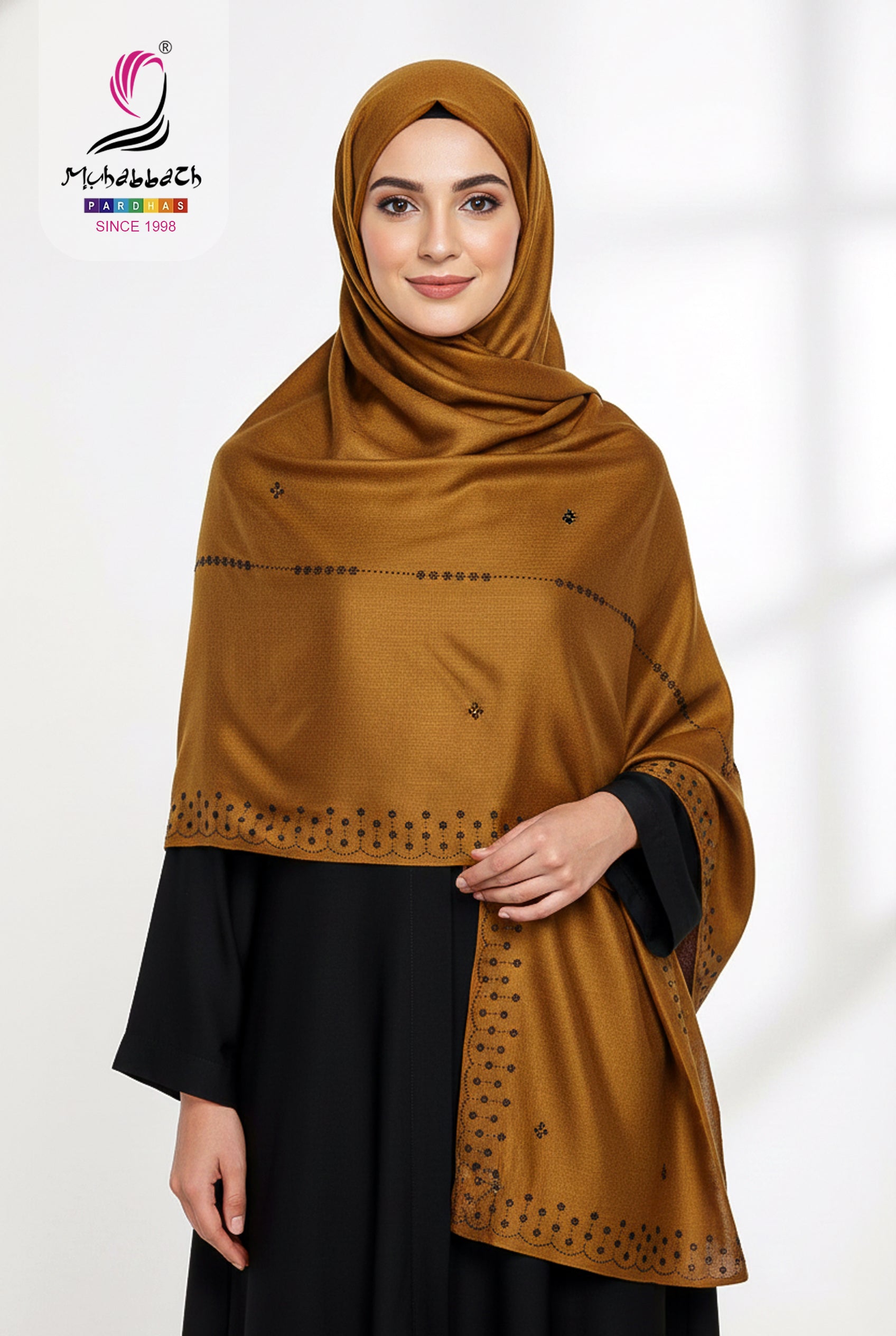 Muhabbath Georgette Stone Work Shawl -  Golden Brown