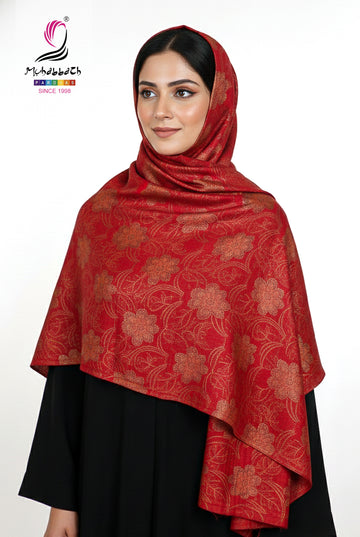 Muhabbath Floral Foil Engraved Shawl - Red