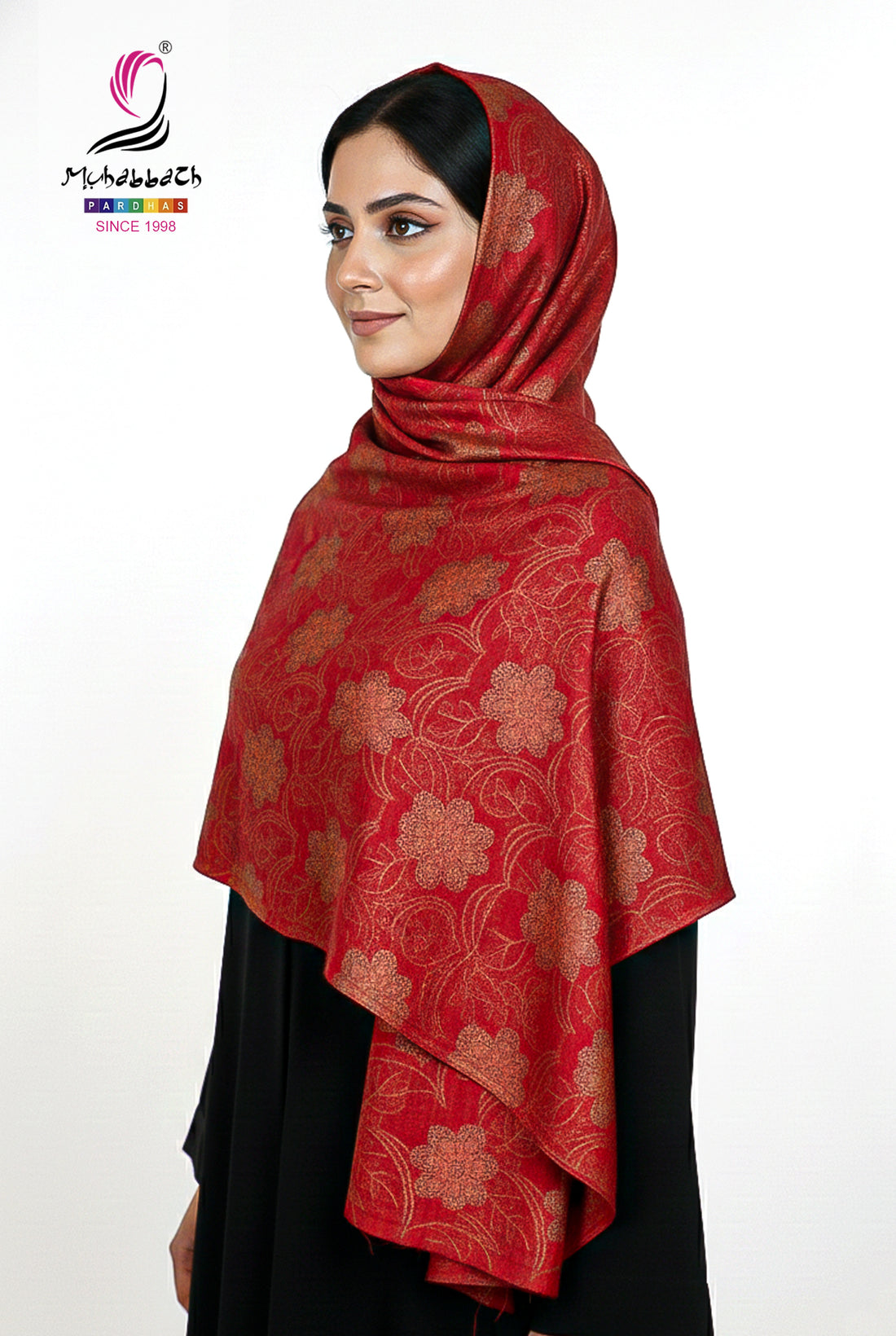 Muhabbath Floral Foil Engraved Shawl - Red