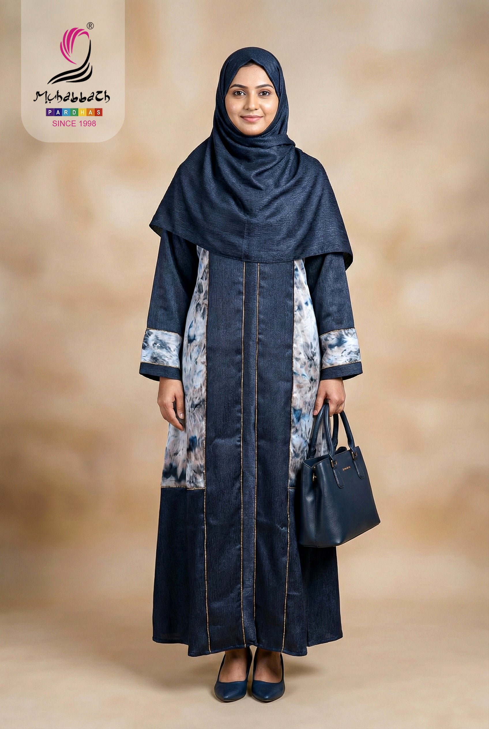 Zoom Glitter Stone Chain Design Abaya – Navy Mix