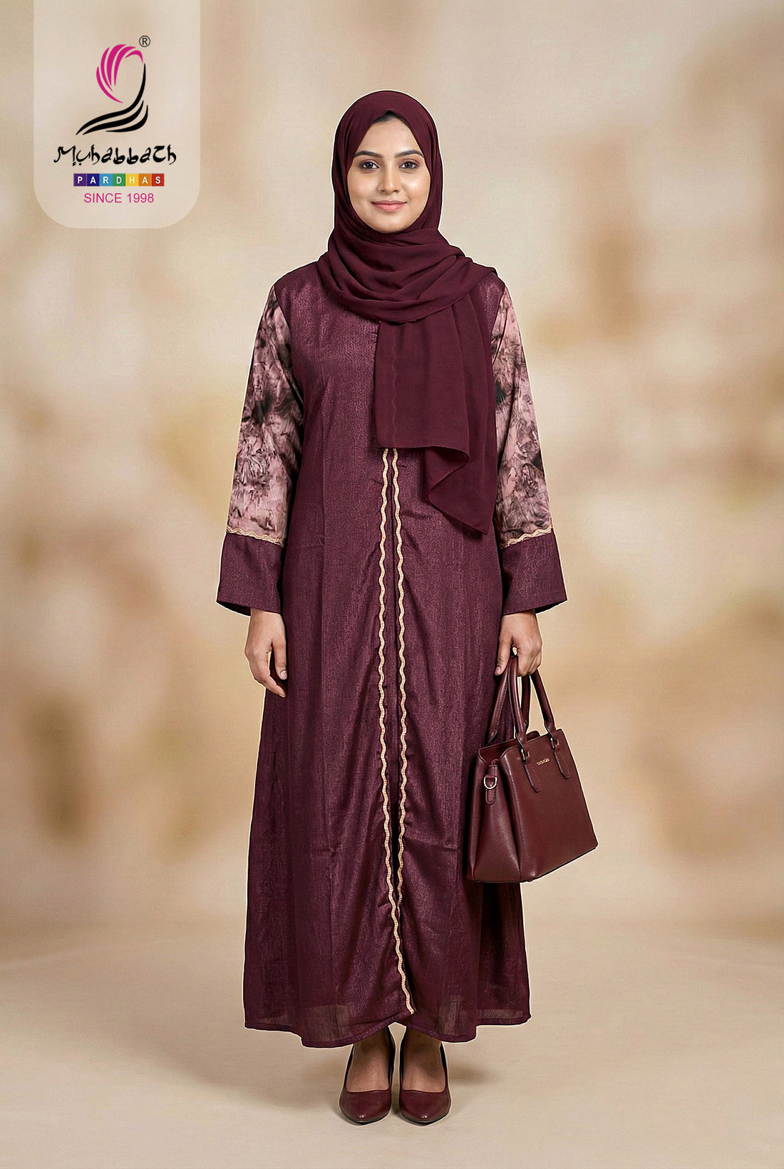 Zoom Glitter Curve Stone Design Abaya – Wine Maroon