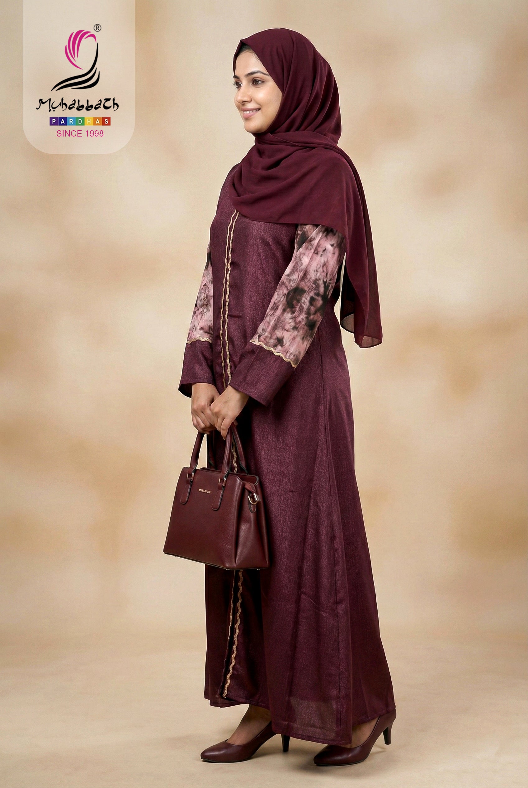 Zoom Glitter Curve Stone Design Abaya – Wine Maroon