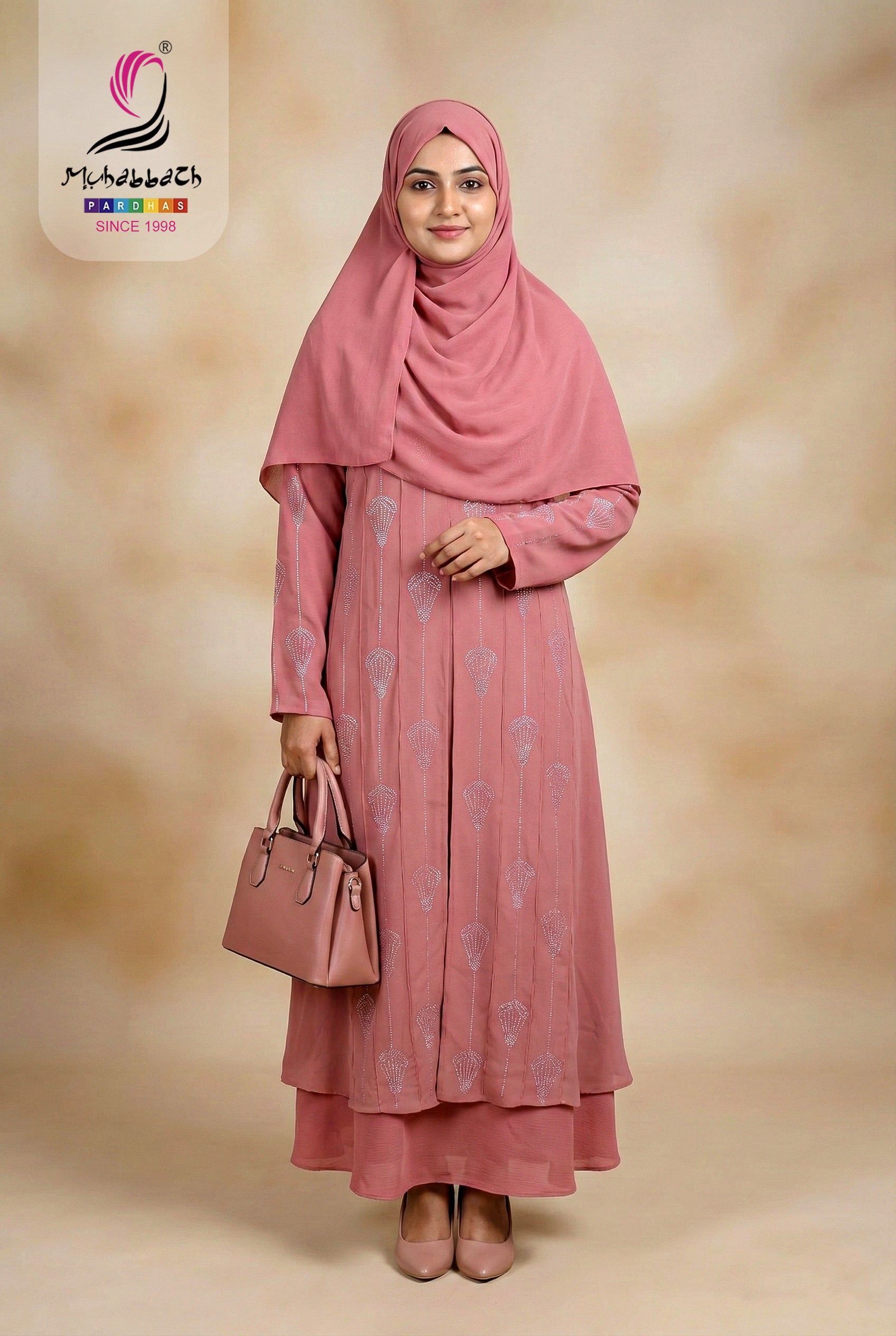 Front Open Pilot Zoom Hot Fix Stone Abaya – Rose Pink