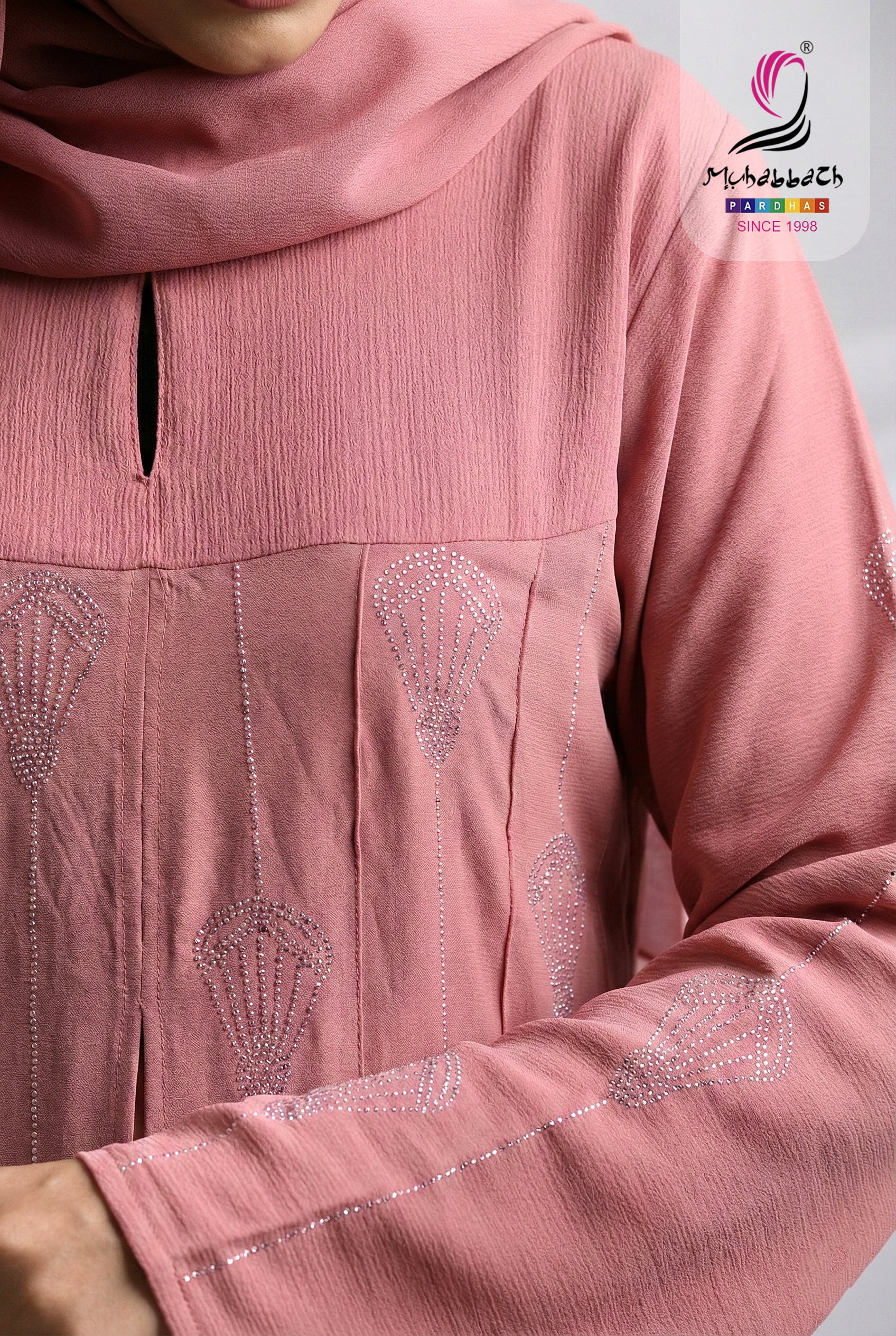 Front Open Pilot Zoom Hot Fix Stone Abaya – Rose Pink