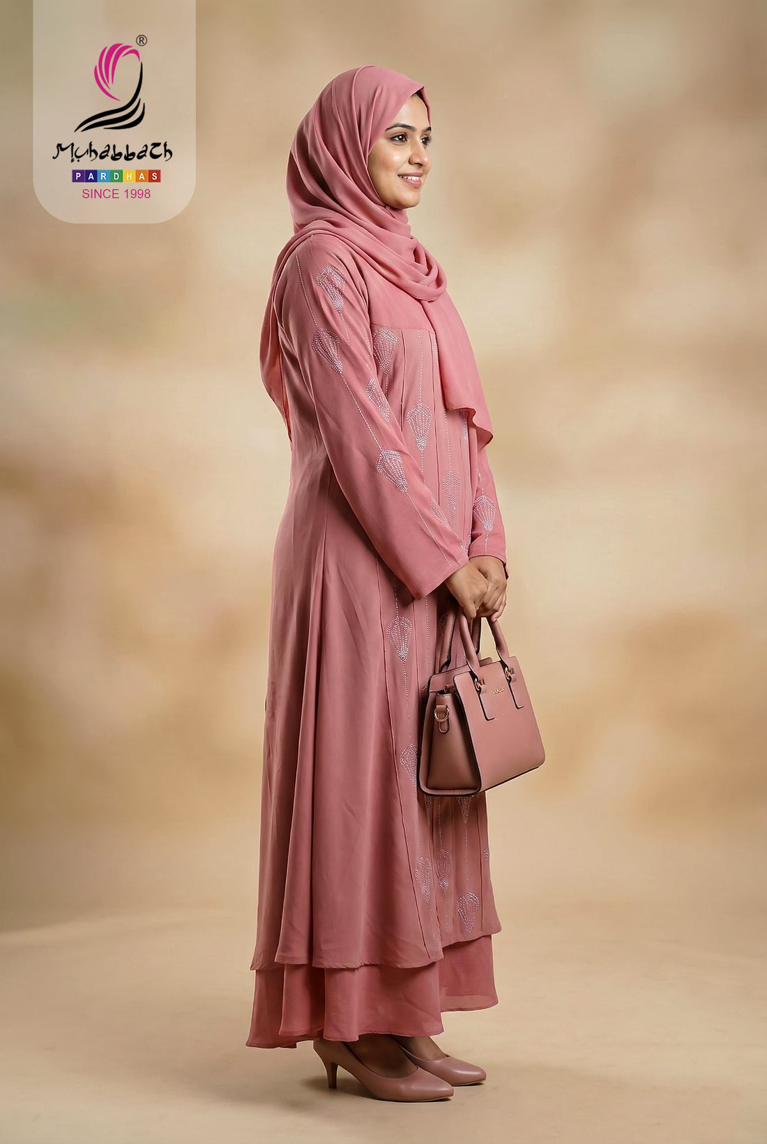 Front Open Pilot Zoom Hot Fix Stone Abaya – Rose Pink