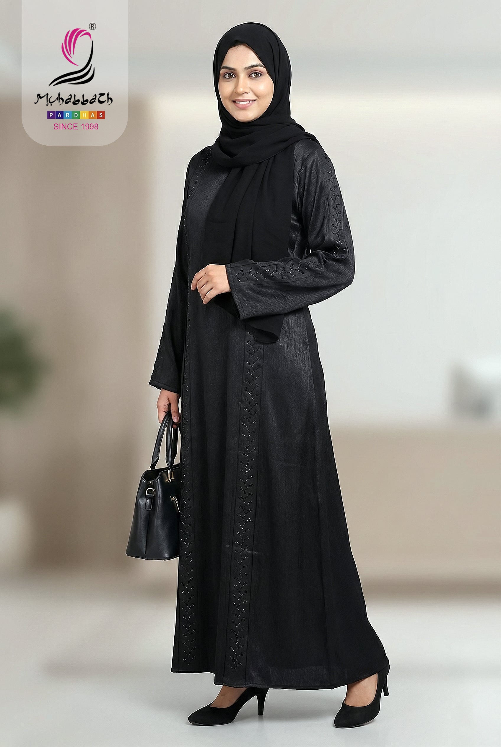 Zoom Glitter Hot Fix Stone Abaya – Classic Black