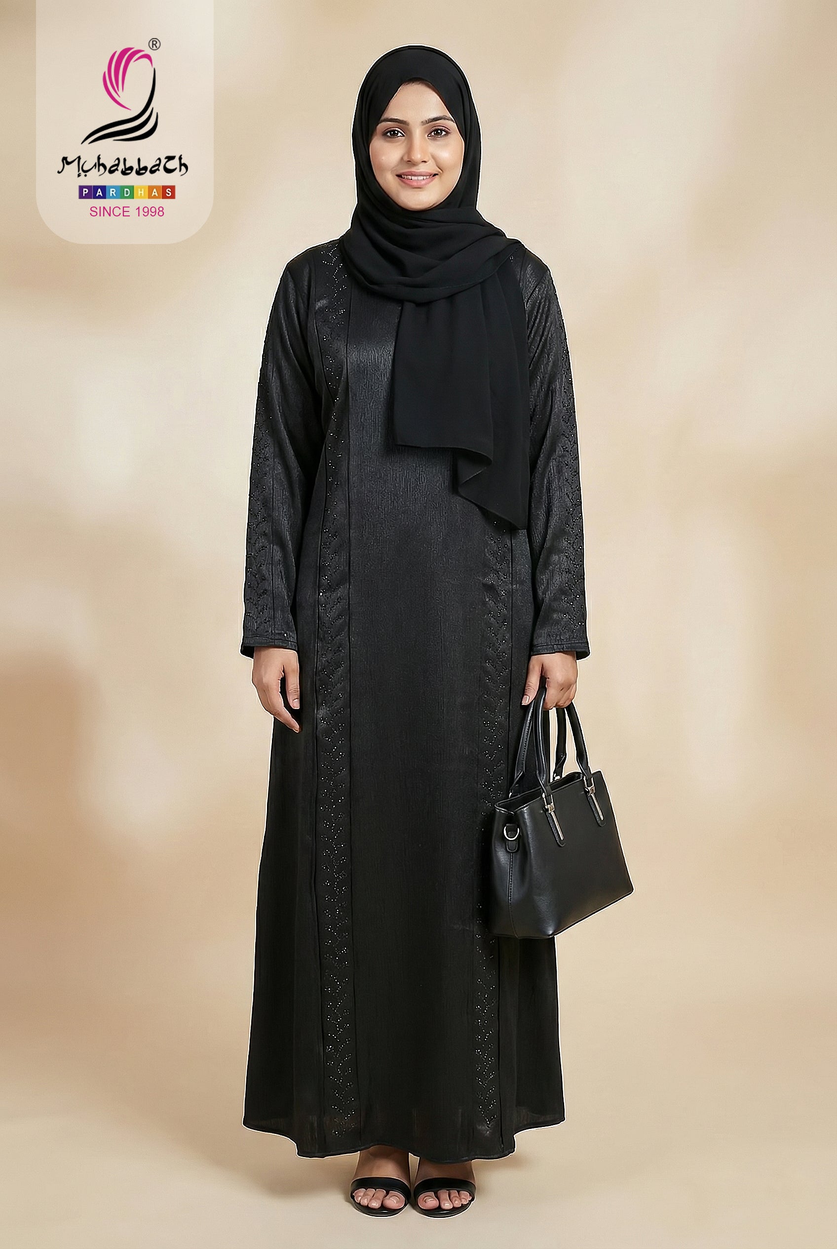 Zoom Glitter Hot Fix Stone Abaya – Classic Black
