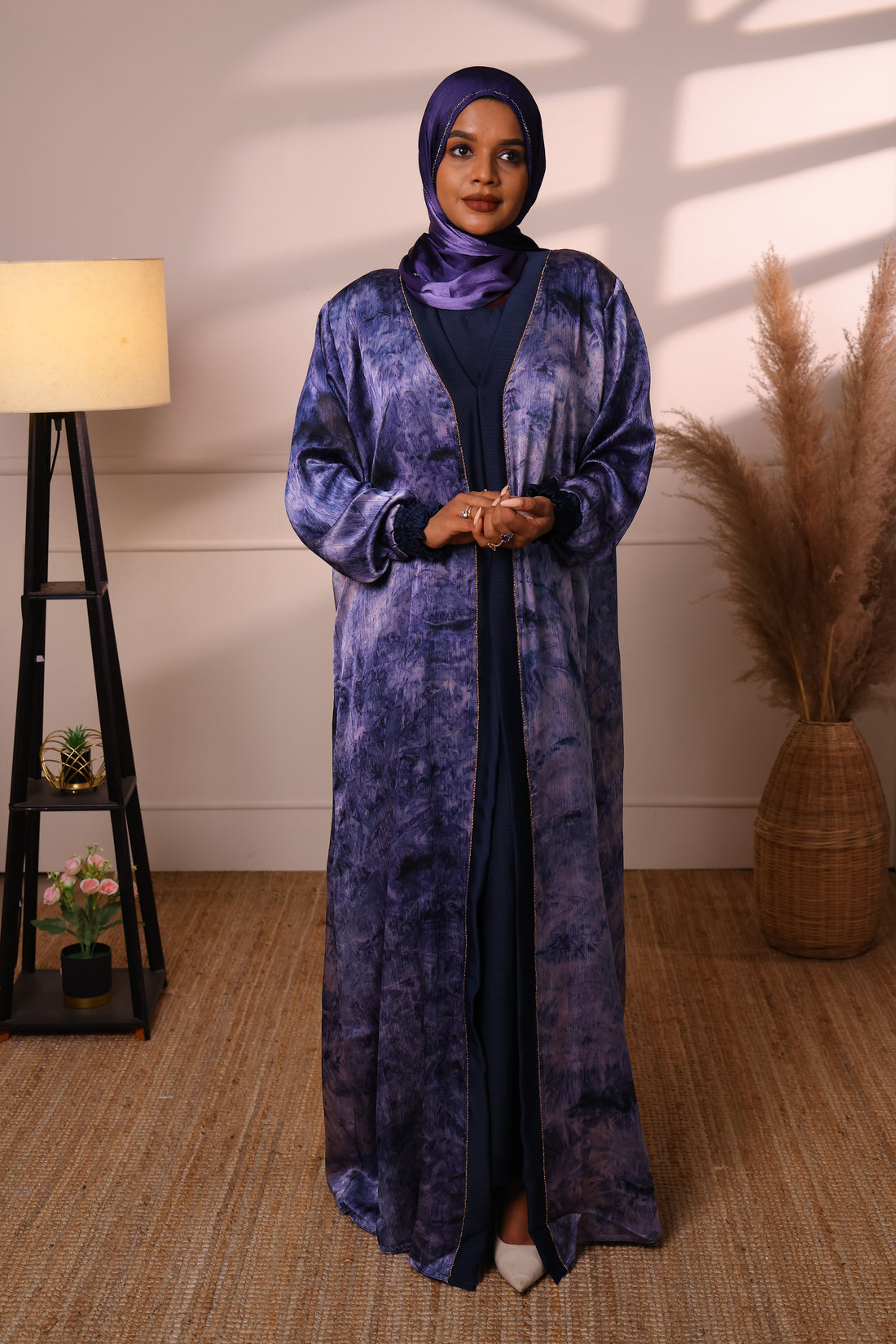 Premium Floral Jersey Closed Muhabbath with Front Zip - Blue