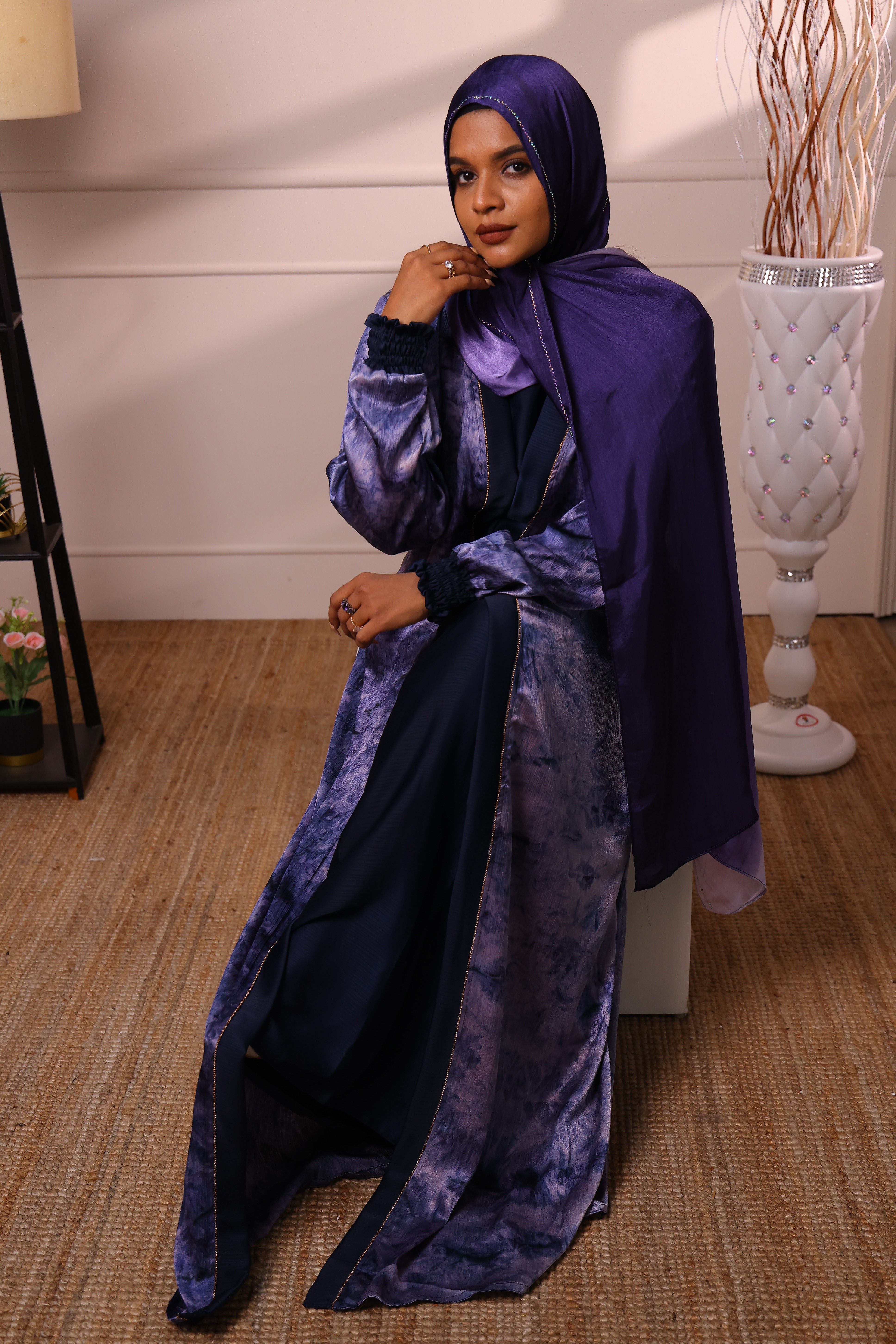 Premium Floral Jersey Closed Muhabbath with Front Zip - Blue